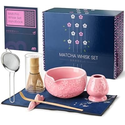 [Metflavor] 7Pcs Matcha Whisk Set, Matcha Set Whisk and Bowl,Bamboo Scoop, Scoop Rest, Sifter and Tea Towel, Matcha Kit W/Carved Cherry Blossm Pattern for Matcha Lovers (Sakura Pink)