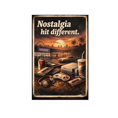 [Carastora] Nostalgia Hit Different Metal Tin Sign, 8x12 Inch Vintage Retro Art, 80s 90s Arcade & Gaming Decor, Retro Cassette, Video Games & Car Theme Wall Decor for Man Cave, Garage, Office