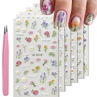 [YOSOMMK] YOSOMMK Flower Nail Stickers for Nail Art 5D Embossed Nails Decals Self Adhesive Spring Summer Floral Nails Decoration for Women 3D Design Colorful Flower Daisy Lavender Supplies