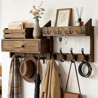 [Dellicasi] Dellicasi 29" Coat Rack Wall Mount with Shelf & Drawer, Heavy Duty Wood Entryway Organizer, Wall Coat Hanger with 12 Metal Hooks, Wall Mounted Coat Rack Key & Mail Holder for Living Room, Bedroom