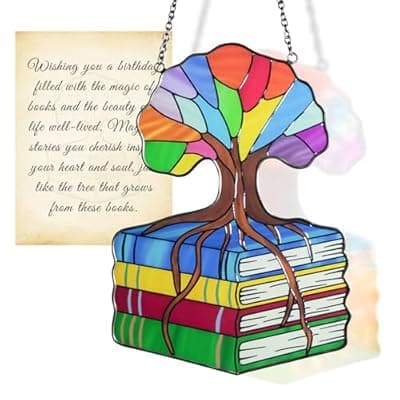 [AQGQTQ] AQGQTQ Stained Glass Window Hanging, Colorful Book Tree of Life Sun Catchers, Book Lover Gifts for Women, Suncatcher Hanging Literary Decor for Birthday for Women, Men, Wife, Aunt, Mom