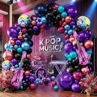 [feilebalon] K-pop Music Balloon Arch Double Stuffed Dark Purple Black Blue Burgundy Metallic Balloon Garland Kit with Disco Ball and Guitar Balloon for Disco Birthday Anniversary Graduation Singer Party Decor