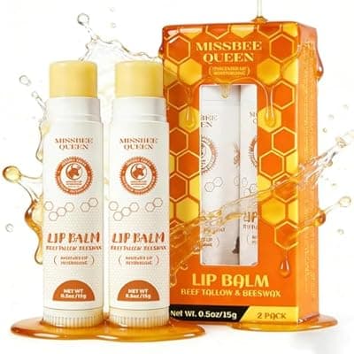 [MISSBEE QUEEN] Beef Tallow Lip Balm with Original Beeswax | Dual-layer Hydrating Moisturizing for Dry Lips | Smooths Texture | Delivers Softness & Enhances Natural Shine | Unscented | 2PC (0.5 oz / 15g / 1pc)