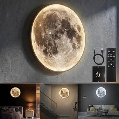 [GMINCO] Dimmable Moon Wall Lamp, Rechargeable Battery Operated Wall Sconce Moon Lights with Remote, 3 Color Indoor Wall Mounted Lighting Ceiling Light for Living Bedroom Birthday Christmas Gift - 12 inch