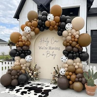 [Olamivra] Double Stuffed First Rodeo Cowboy Balloon Arch Garland Kit, 105Pcs Western Theme Matte Black Brown Tan Sand & Cow Print Balloons for Baby Shower Birthday Boho Farm Wild Party
