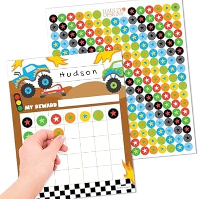 [Hadley Designs] Sticker Chart for Kids Behavior at Home & Classroom - 25 Reward Chart for Kids Incentives, Gold Star Sticker Sheets, Monster Truck Incentive Charts for Classroom Must Haves