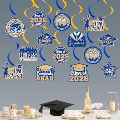 [PERFQU] 20 Pack Graduation Decorations 2026 - Congrats Grad Hanging Decoration, Blue Gold Glittery Graduations Hanging Swirls Ceiling Streamers Ornaments for Class of 2026 Graduation Party Decor Favors
