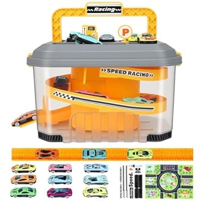 [Waivvy] Toy Car Track Storage Playset - Toddler Toys for Ages 2-4, Car Track Set Including 12 Diecast Cars, PlayMat, Race Tracks, Car Ramp, Kids Birthday Gift for 2 3 4 5 Year Old Boys