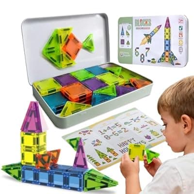 [OCES] OCES 50PCS Mini Magnetic Tiles, Building Blocks Travel Set Magnetic Toys for Kids Ages 4-8 with Iron Case, Montessori Educational Toddler Puzzle Creativity Birthday Gift for Boys & Girls