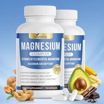 [VivoNu] 1000mg Magnesium Complex Capsules, 8 Elemental with Magnesium Glycinate, Citrate, Malate, Taurate, Oxide, Carbonate, Aspartate, Orotate for Bones, Muscle, Recovery, Energy, Vegan Non-GMO, 2 Bottle