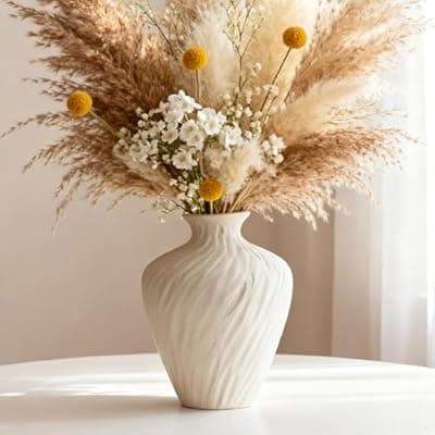 [Kaolirra] Kaolirra Ceramic Vase - 9.84 Inch Beige Flower Vase for Home Decor, Boho Farmhouse Minimalist Modern & Wabi Sabi Centerpiece with Textured Wave Pattern for for Living Room, Ideal Gift for Housewarming