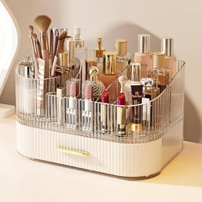[Glowspire] Makeup Organizer with 360° Rotating Brush Holder and Stackable Drawers, Cosmetic Display Case for Vanity, Bathroom Countertop (White, 2 Layer)