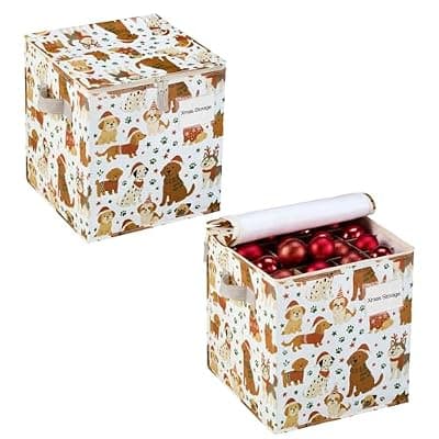 [VENO] VENO 2 Pack Christmas Ornament Storage Box, Holiday Ornament Organizer with Adjustable Dividers, Sturdy Storage Containers for 64 Ornaments, Zippered Lid & Handles, 3" Cube (Holiday Pups)
