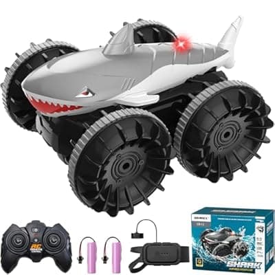 [SIMREX] SIMREX Shark Amphibious Remote Control Car - Gift for Kids Boys Girls, 4WD Waterproof RC Car, 360° Stunt, Dual Remote Control, 50m Long Range, 2 Rechargeable Batteries (Silver)
