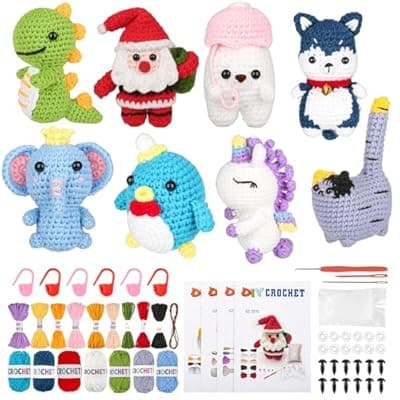 8Pcs Crochet Kit for Beginners, 2026 Great Christmas Gift for Crochet Lovers, DIY Craft for Adults and Kids, Crocheting Animal Kits with Step by Step Videos, Yarn, Crochet Hook, Birthday Holiday Gift