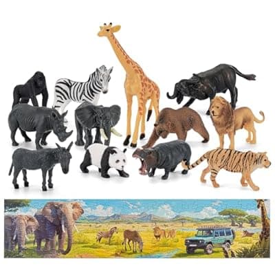 [THINKBAY] THINKBAY Safari Animals Figures Toys,12PCS Realistic Wild Zoo Animal Figurines Sensory Toys Plastic African Jungle Animals Playset and 108PCS 29.5'' Jungle Jigsaw Puzzles Toy for Kids Toddlers