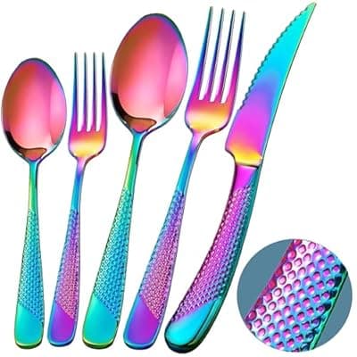[Runfly] Runfly 20 Piece Hammered Rainbow Silverware Set, 18/10 Stainless Steel Flatware Set, Modern Kitchen Utensil Set Service for 4, Tableware Set, Cutlery Set Including Fork Spoon and Knife
