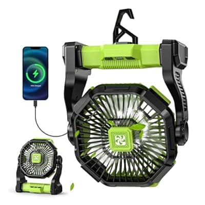 [Doviluxe] Battery Powered Fan -Lash Fans with Led Lantern, Portable Rechargeable, Battery Operated for Mobile Phone, Hook 4 Speed Quiet Personal for Desk Fan, Travel, Fishing, Power Outage, Hurricane-Green