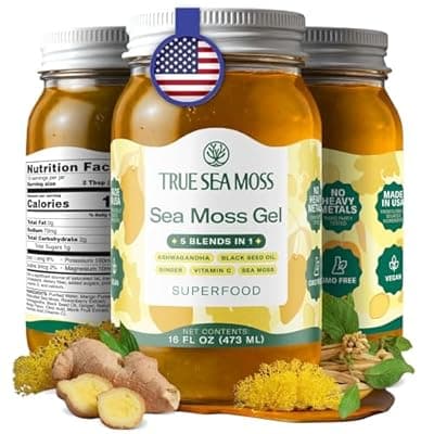 [TrueSeaMoss] TrueSeaMoss Sea Moss Gel – Made in USA – 5-in-1 Formula – Wildcrafted Seamoss, Ashwagandha & Jarred Vegetables – Ashwagandha, Pack of 1 (Labels may Vary)