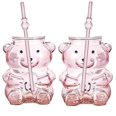 [Web Launcher String Shooters] Web Launcher String Shooters Pink Bear Glass Cups with Lids and Straws, 14oz Cute Reusable Tumblers for Boba, Smoothie, Iced Coffee, 2 Pack Gift Set for Couples and Friends (Pink, Small)