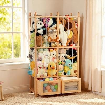 [Kompaktayc] Kompaktayc Stuffed Animal Storage with Two Wooden Drawers, 280L Extra Large Capacity Plush Toy Organizer Tower, Solid Wood Stuffed Animal Zoo Storage for Bedroom, Playroom&Home Organization