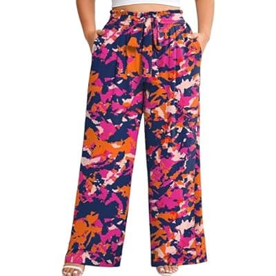 [AusLook] AusLook Plus Size Wide Leg Pants for Women High Waist Elastic Palazzo Casual Lounge Pants with Pockets Beach Trousers 1X-5X