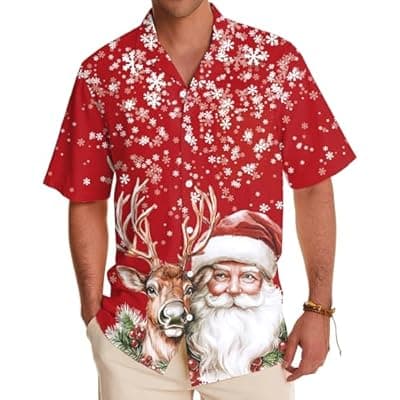 [YI XIANG RAN] Christmas Shirt Men's Funny Santa Shirts Christmas Tree Tshirt Short Sleeve Button Down Shirts Holiday Xmas Tee Tops