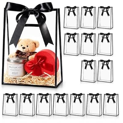 [BEFEIEULEAQ] BEFEIEULEAQ 16 Pcs Clear Plastic Gift Bags with Ribbon and Handles, 10 x 7 In