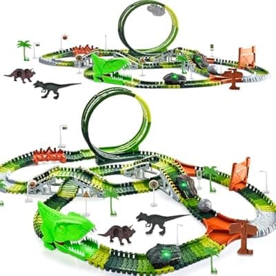 [LEIWUS] Dinosaur Toys for Kids 3-5, 286 Pcs Create A Dinosaur Toys Race Car for Toddlers, Flexible Track Playset with 2 Dinosaur Cars, Dinosaur Party Favors for 3 4 5 6 Year Old Boys Birthday Gift