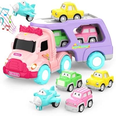 [LASCOTON] LASCOTON Toys for 1 2 3 Year Old Girl, 5-in-1 Carrier Truck for Toddler Girl, Friction Power Toy Cars with Light & Sound, Birthday Gifts, Pink