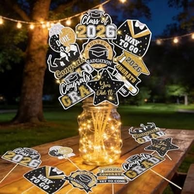 [Yunfan] Graduation Decorations 2026 Graduation Party Decorations 32Pcs Black Gold Grad Table Centerpiece Sticks with String Lights for College High School Congrats Grad Party Decor Photo Props