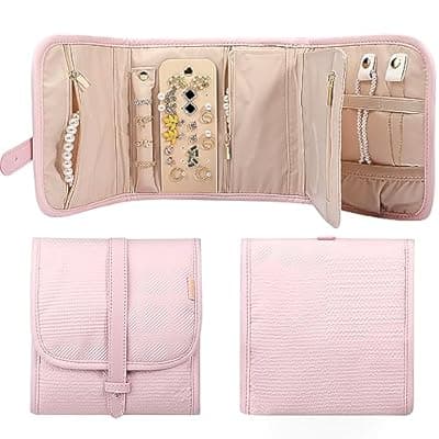 [Voova] Voova Travel Jewelry Holder Organizer Case, Small Jewelry Storage Bag for Women Girls, Foldable Traveling Jewellery Pouch Roll for Necklaces Rings Earrings Bracelets, Mini, Light Pink
