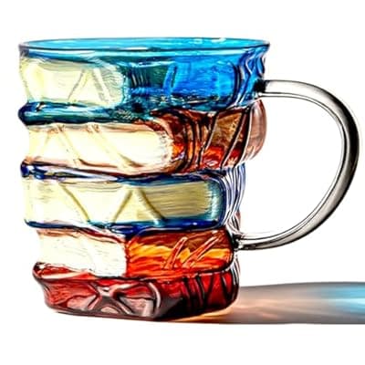 [AKLOZYX] AKLOZYX Artistic Book Stack Glass Coffee Mug,11oz Handmade Tea Cups Cool Funny, Decorative Design for Book Lovers Gifts for Women and Man (Medium)
