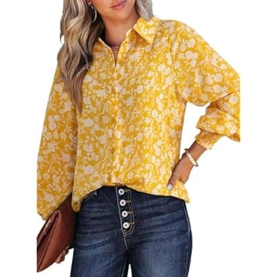 Dokotoo Women's Casual V Neck Allover Floral Print Long Sleeve Chiffon Button Down Blouses Bohemian Top Shirts