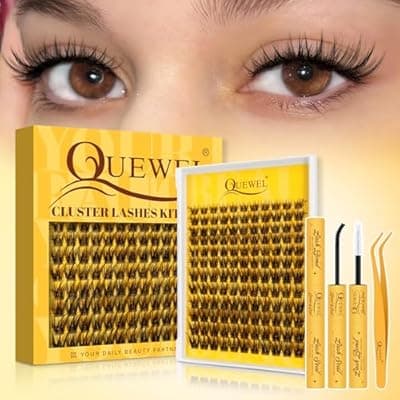 [QUEWEL] QUEWEL Lash Clusters Kit with 0.03mm Fine Band, 132PCS Waterproof Natural Lashes-Cluster, Eyelash-Clusters-Kit with Bond&Seal and Tweezers Easy to Wear and Long-Lasting (FD-0.03-B)