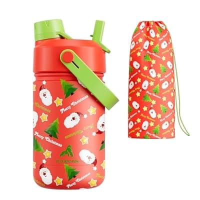 [POWCAN] 12 oz Kids Christmas Insulated Water Bottle: 2-in-1 Straw Spout Lid, Leakproof, BPA-Free, Keep Cold 24H, Stainless Steel Cup with Carrier Bag for Party, Travel, Holiday Gift (Santa's Jolly Wishes)