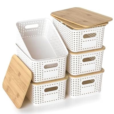 [ZFTMRR] ZFTMRR Plastic Storage Baskets with Bamboo Lids, Stackable Small Box Bins for Organizing and Containers for Shelves Drawers Desktop Closet Pantry Classroom Office Home, 6 Pack 10.2x7.2x4.1 Inch, White