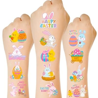 [Huskein] 150 PCS Easter Tattoos, 6 Sheets Spring Basket Stuffers Fake Tattoos with Bunny Egg, Cute Individually Stickers for Easter Basket Filler Party Favors Accessories