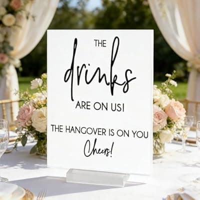 [SOFARKKT] SOFARKKT 8x10'' Funny Bar Sign, The Drinks Are On Us! Cheers! Thick White Acrylic Bar Accessories for The Home Bar Set with Sturdy Acrylic Stand, Table Decor for Bars & Pubs Wedding Graduation Party