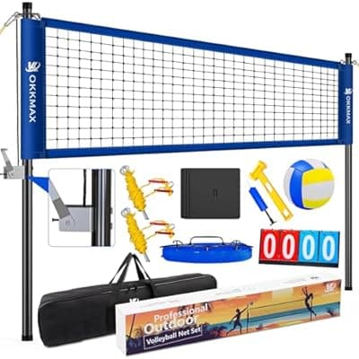[OKKMAX] Professional Outdoor Volleyball Net Set with Adjustable Poles & Anti-Sag Design, Portable Volleyball Net Includes Beach Fixed Plate, Scoreboard, Boundary Line and Carry Bag for Backyard Beach Grass