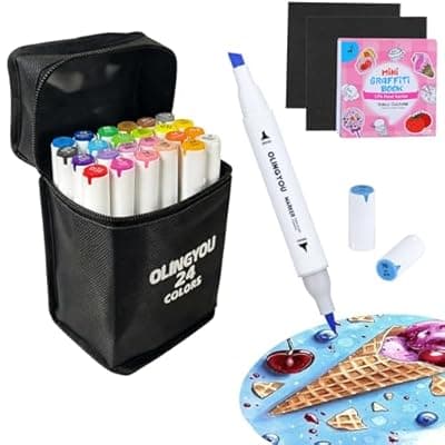 [OLINGYOU] OLINGYOU Coloring Marker,24 Colors Fine & Chisel Dual Tip Marker Set,Permanent Art Markers for for Adult Coloring Books,Alcohol Markers Stocking Stuffers(White Barrel)