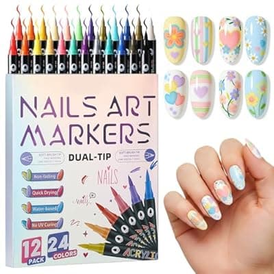 [Niodel] 24 Colors Nail Art Markers Pens Set (12Pcs-Dual), Acrylic Nail Art Marker, 3D Dotting Liner Brush Quick-Drying Fine Tip Nail Polish Pen for DIY Home Salon, Beginners Manicure Drawing Tools