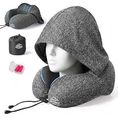 [SKYTRAX COMF] SkytraxComf® Travel Neck Pillow with Hood for Privacy on Long Flights | Memory Foam | Airplane Sleep | Safety-Tested Materials | Extra Large Hood | Chin Support | Earplugs | Washable Cover