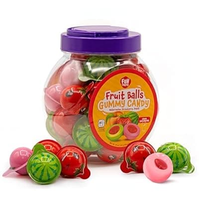 [FUNTASTY] Fruit Gummy Balls Mix - 19 Ounce Jar (30 Count) - Jelly Filled Gummies - Individually Wrapped Gummy Candy - Watermelon, Strawberry, Peach - Chewy Candy for Goodie Bags