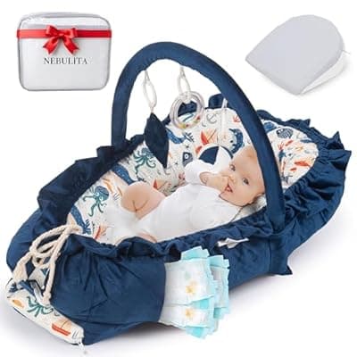 [Nebulita] Newborn Lounger Blue - Flexible & Portable w/Infant Support Cushion, Soft & Breathable 100% Cotton - Multi-Use Supervised Baby Lounger for Floor, Travel, Changing Mat Alternative - Premium