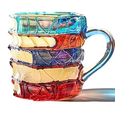 [TOPORNEE] TOPORNEE Handmade Painted Book Coffee Mug, 7 oz Glass Cup, Stacked Books Design with Colored Handle, Gift for Readers and Book Lovers (Transparent Handle#A, Small)