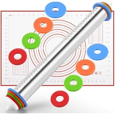 [liboyixi] liboyixi Rolling Pin and Pastry Baking Mat Set, 17-inch Rolling Pins with Adjustable Thickness Rings, Stainless Steel Dough Roller for Baking Fondant, Pizza, Pie, Pastry, Pasta, Cookies (Red)