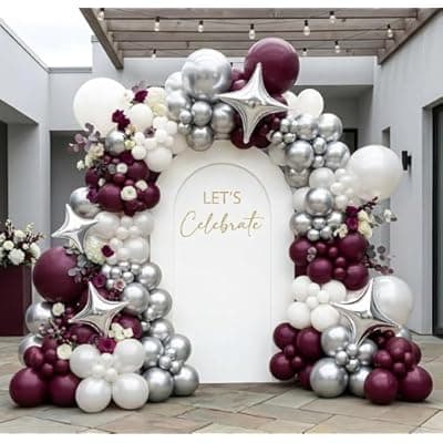 [Olamivra] Double Stuffed Burgundy & Pearl White Balloon Arch Garland Kit, Dark Plum Purple Balloons with Silver Foil Stars for Mother's Day,Graduation,Wedding,Bridal,Baby Shower,Birthday Party