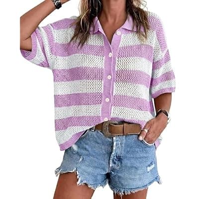 [Cicy Bell] Cicy Bell Womens Summer Striped Crochet Cardigan Sweater Half Sleeve Button up Tops Loose Fit Cover Up
