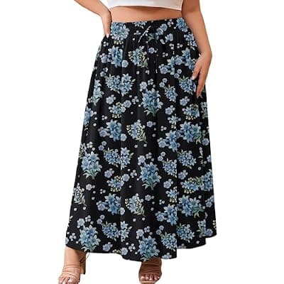 [AusLook] AusLook Plus Size Maxi Skirt for Women High Waisted Elastic Waist Flowy Long Skirt with Pockets Summer Casual Vacation 1X-5X